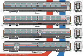 Viewliner II Set 2 Sleepers, Diner, Baggage-Dorm Amtrak (Phase III, silver, red, white, blue)