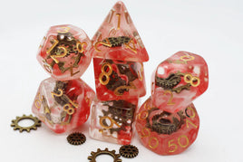 Red Swirl Ancient Gear Polyhedral Dice Set (7)